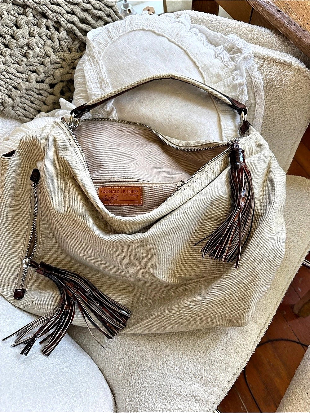 Donald J Pliner Beige & Brown Hobo Bag with Tassels